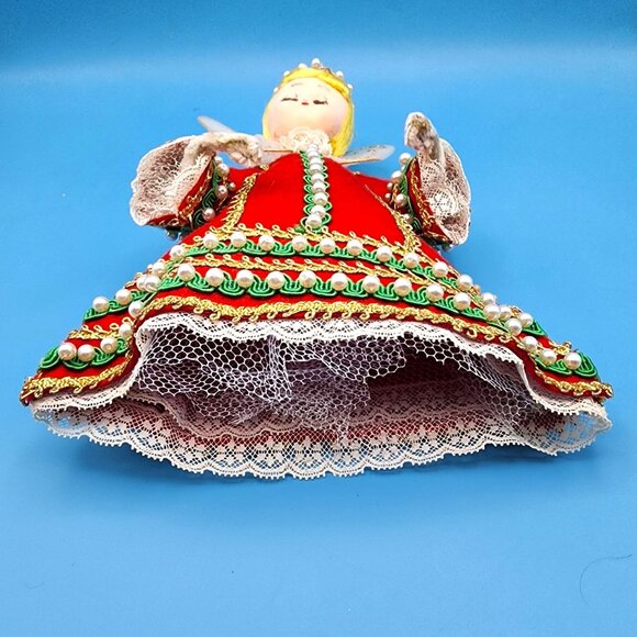 Vintage 1960s Angel Tree Topper Red Felt Dress Gold Trim Pearls Yellow Hair 9" - Picture 10 of 11